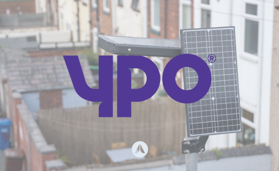 YPO logo on a solar light in an alleyway