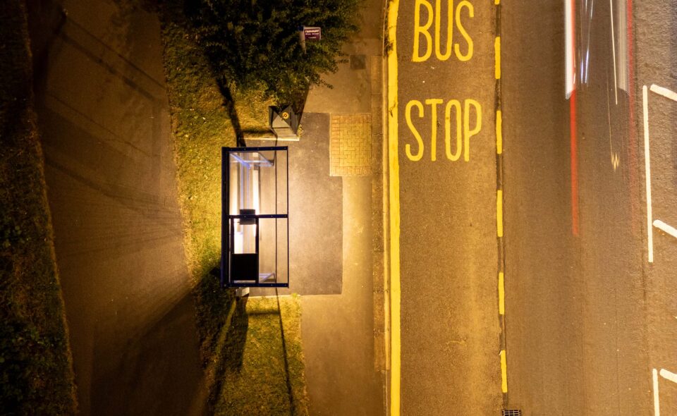aerial photograph of a Luton bus stop illuminated
