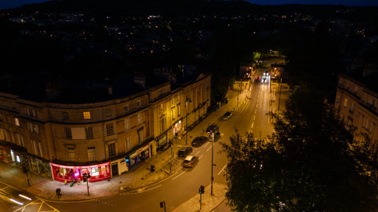 an aerial photograph of Bath's heritage streetlighting at night