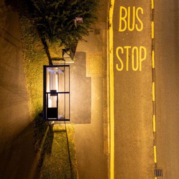 aerial photograph of a Luton bus stop illuminated
