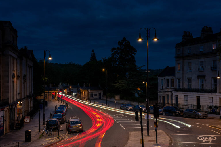 Bath's heritage streetlighting at night