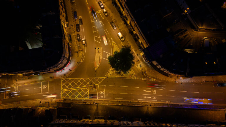 an aerial photograph of Bath's heritage streetlighting at night