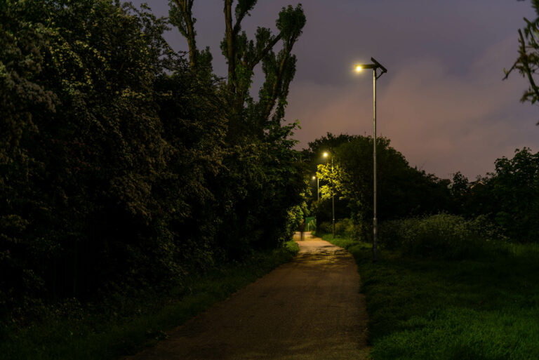 solar pathway lighting with PIR activation and man walking to activate it