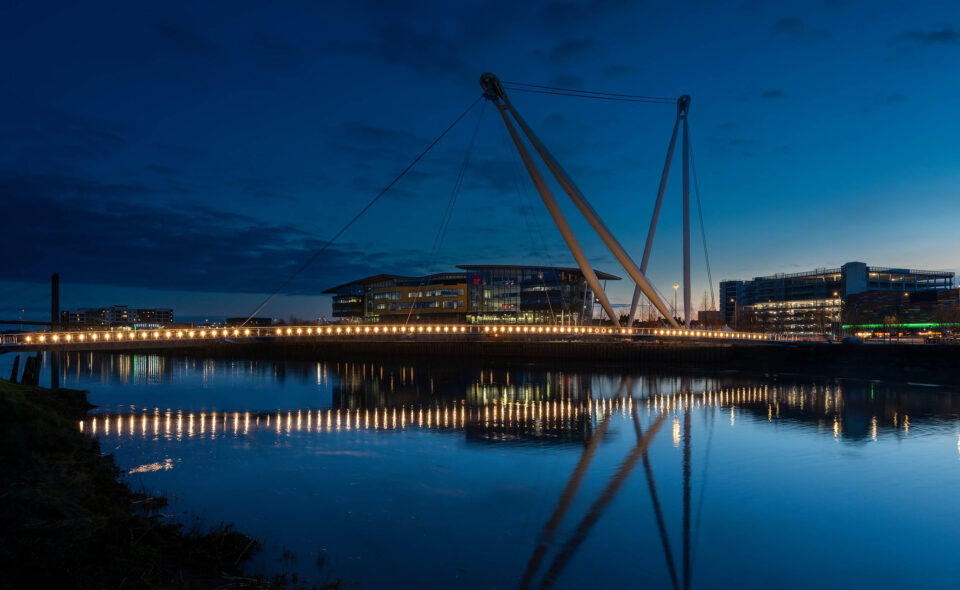 a well lit footbridge in Newport